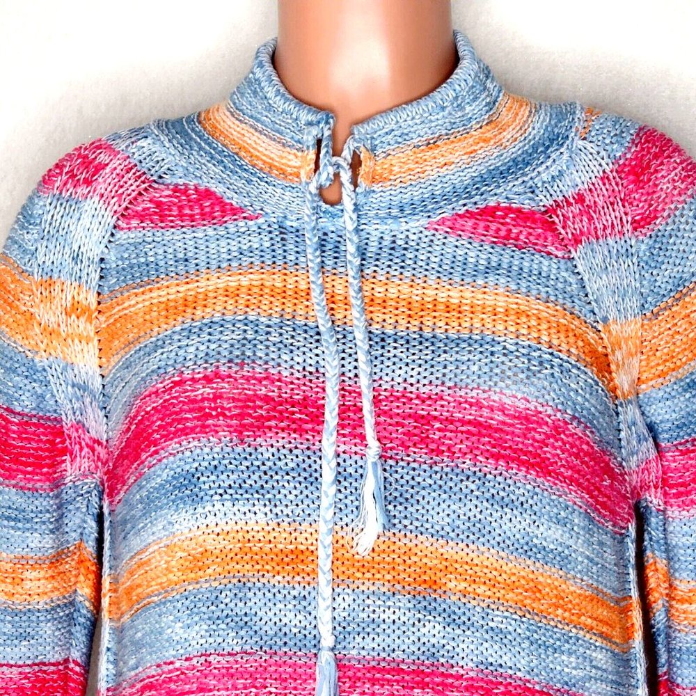 J. Jill Striped Tie Mock Neck Sweater Blue Orange Pink Linen Cotton - Picture 2 of 6